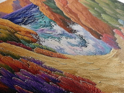 Ocean Path, Colorful Cliffs, Bright Beach, Nature Trail, Framed Canvas Print, Coastal Wall Art, Hallway Decor, Vibrant Seaside Painting