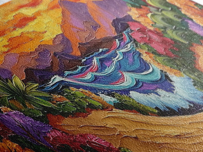 Tropical Sunset Cove, Vibrant Ocean Painting, Beach House Decor, Bold Nature Scene, Boho Living Room Canvas Print, Nature Painting