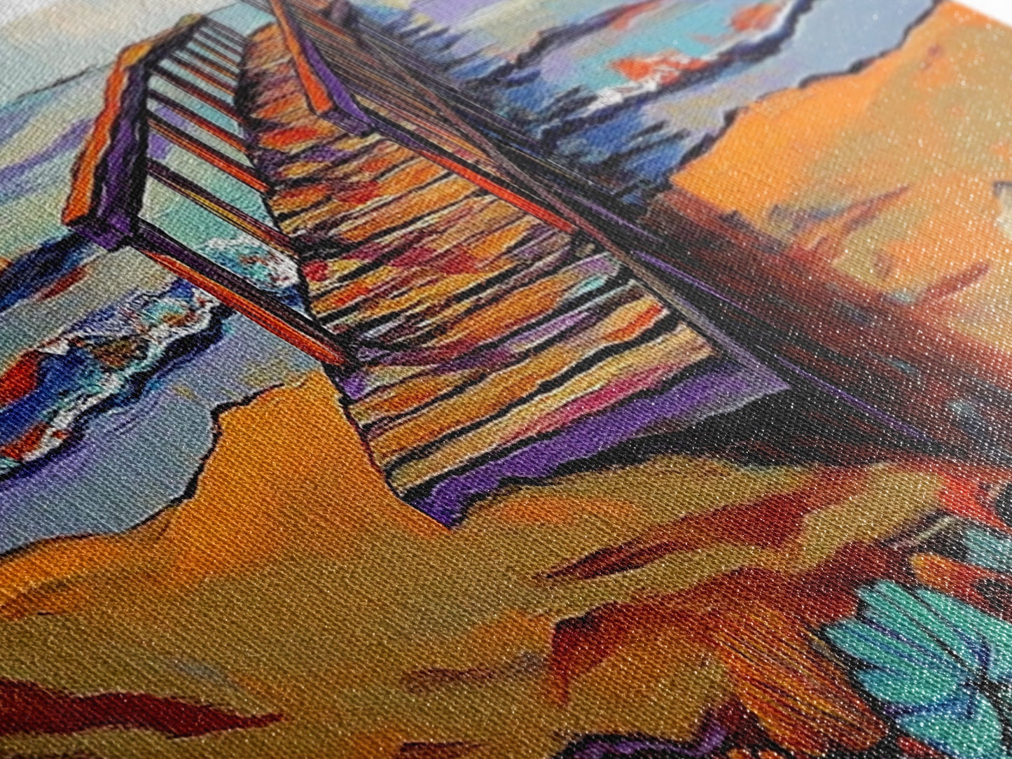 Seaside Pier, Vibrant Coast, Beach View, Framed Canvas Print, coastal artwork, beach house decor, summer vibes, living room art