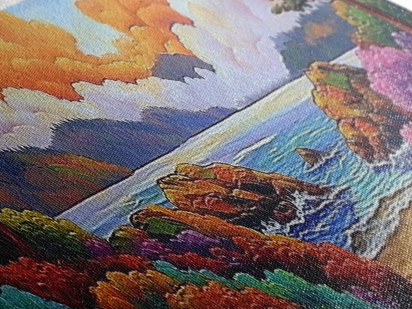 Vibrant Coastal View, Ocean Sunset Landscape, Floral Beach Scene, Framed Canvas Print, Colorful Wall Art, Tropical Living Room