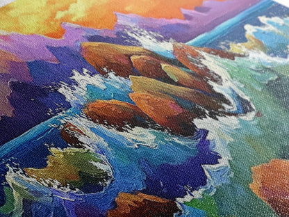 Coastal Rocks Waves, Sunset Ocean Painting, Colorful Seaside View, Framed Canvas Print, Nautical Wall Art, Living Room Decor