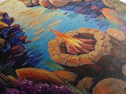 Campfire by River, Autumn Glow, Cozy Outdoor Scene, Framed Canvas Print, fall landscape, rustic decor, lodge wall art, den artwork