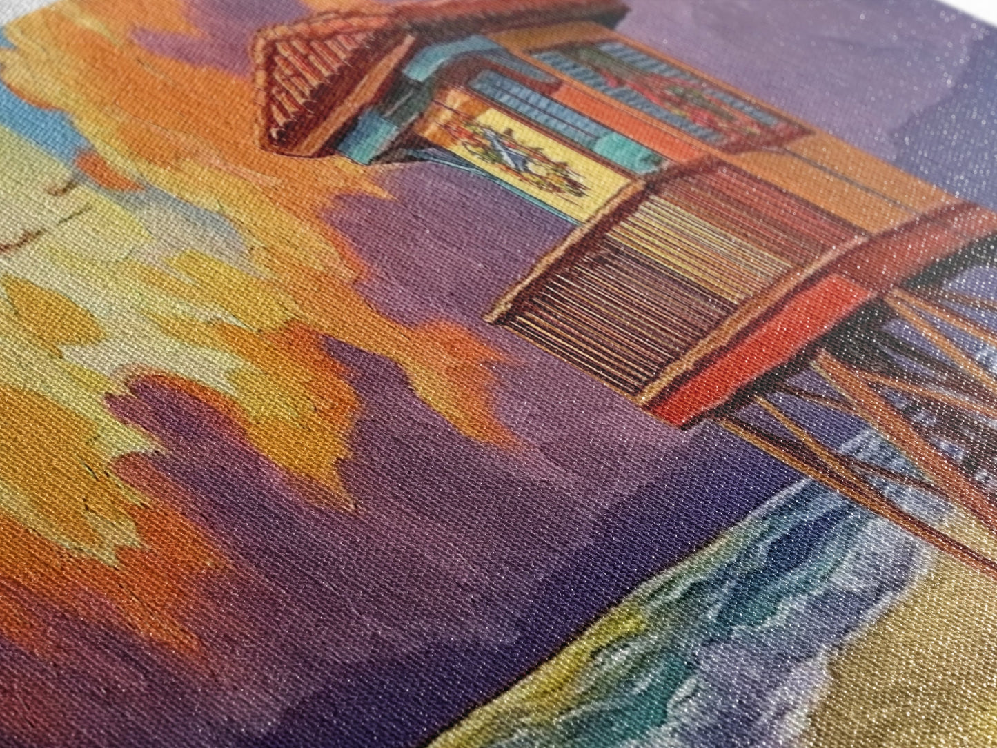 Lifeguard Tower Glow, Beach Sunset Scene, Holiday Decor, Framed Canvas Print, coastal art, tropical beach home, fall season decor