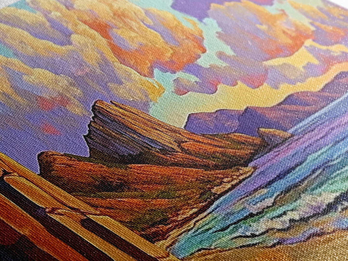 Sunset Beach View, Coastal Mountain Landscape, Peaceful Ocean Wall Art, Framed Canvas Print, Boho Bedroom or Living Room Decor