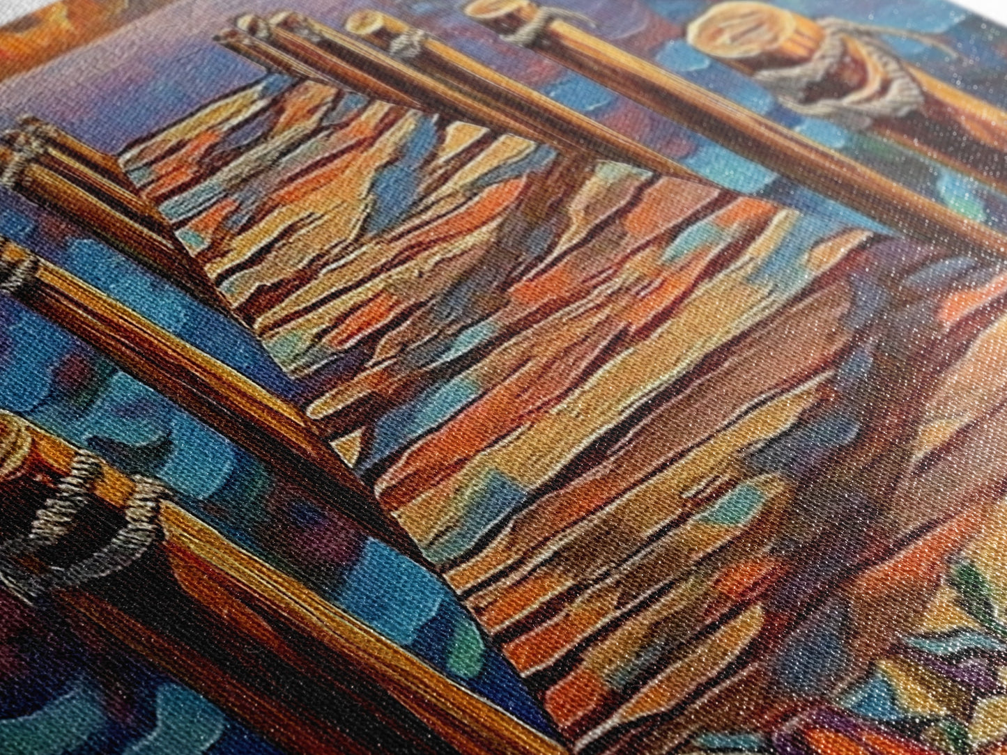 Wooden Dock Sunset, Ocean Pier Painting, Tranquil Seascape Decor, Nautical Beach House Style, Framed Canvas Print