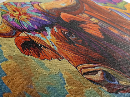 Floral Highland Cow, Western Wall Art, Rustic Charm, Canvas Print, Farmhouse Decor, Living Room Wall Art, Country Animal Art