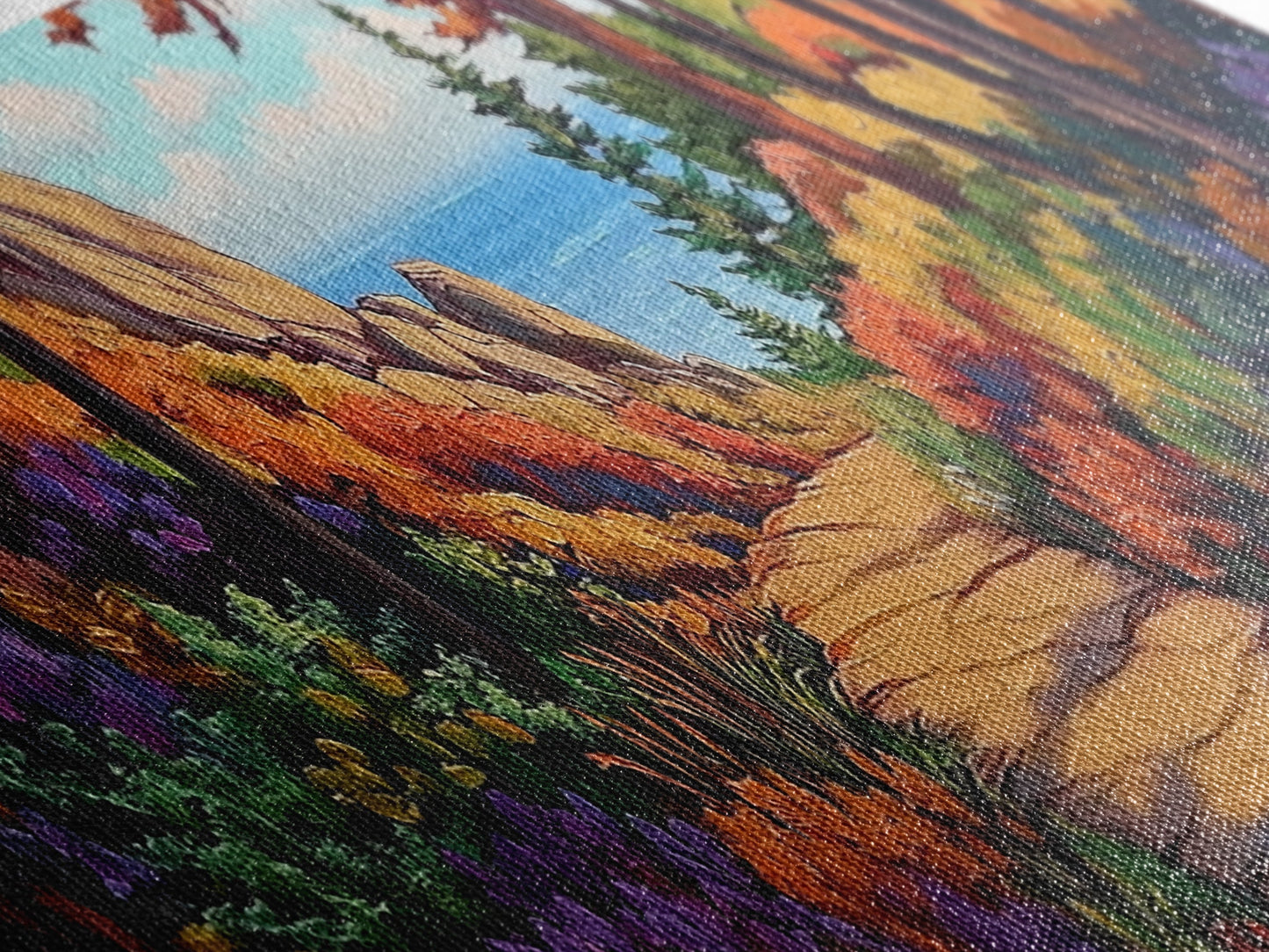 Coastal Forest Walk, Vibrant Landscape Painting, Ocean View Trail, Autumn Decor, Framed Canvas Print, Hallway Wall Art