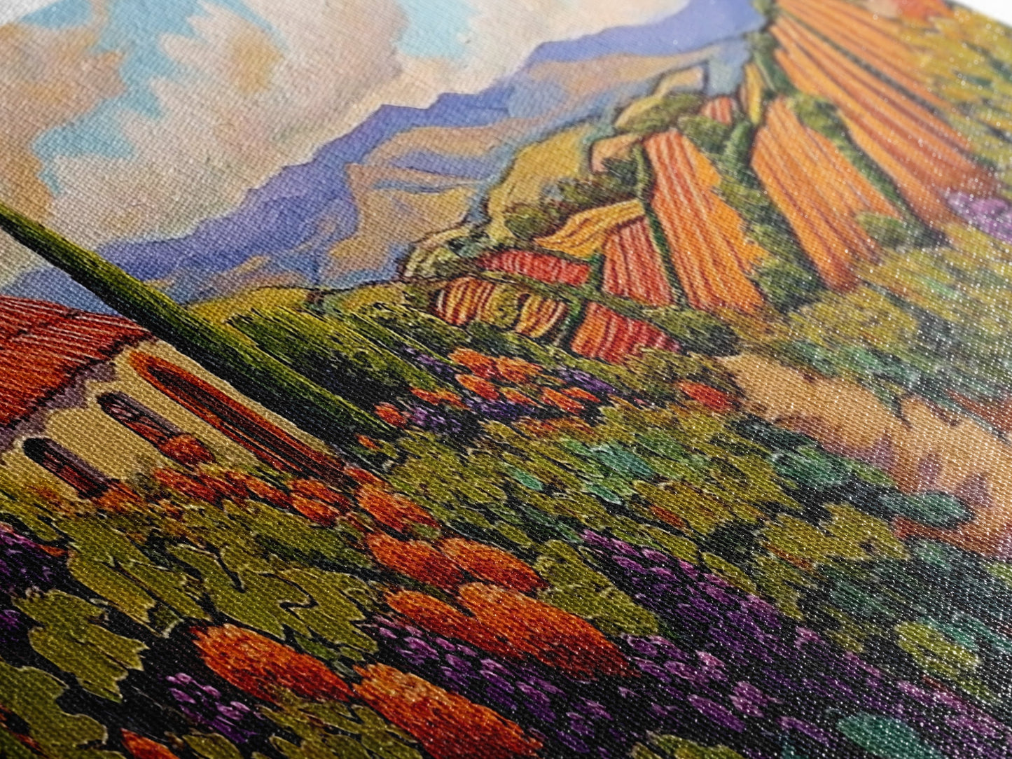 Autumn Vineyard Path, Rustic Countryside, Orange and Purple Art, Framed Canvas Print, Kitchen Wall Decor, Fall Landscape Painting