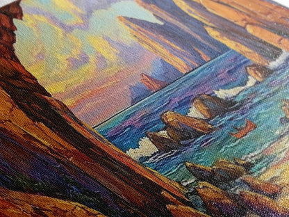 Coastal Archway View, Rocky Beach Sunset, Ocean Serenity, Framed Canvas Print, Nautical Living Room Art, Seaside Escape Scene