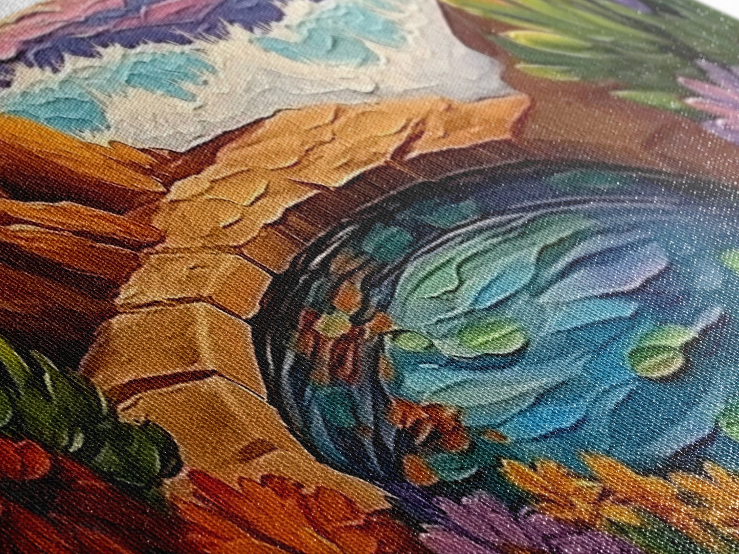 Garden Oasis, Coastal Pool, Tropical Bloom, Framed Canvas Print, Bathroom Wall Art, Vibrant Nature Decor, Colorful Landscape Art