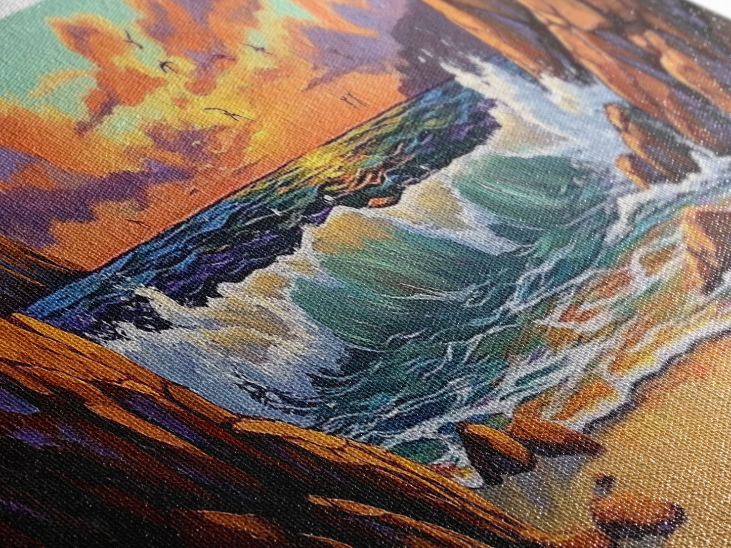 Sunset Beach Waves, Dramatic Ocean, Bold Skies, Framed Canvas Print, Entryway Wall Art, Nature Escape, Colorful Beach Scene