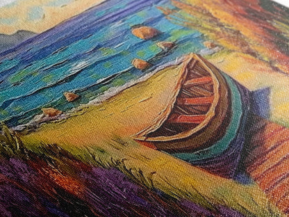 Beach Rowboat Painting, Tranquil Shoreline Scene, Coastal Landscape Art, Summer Lake House Style, Framed Canvas Print, Nature Wall Art