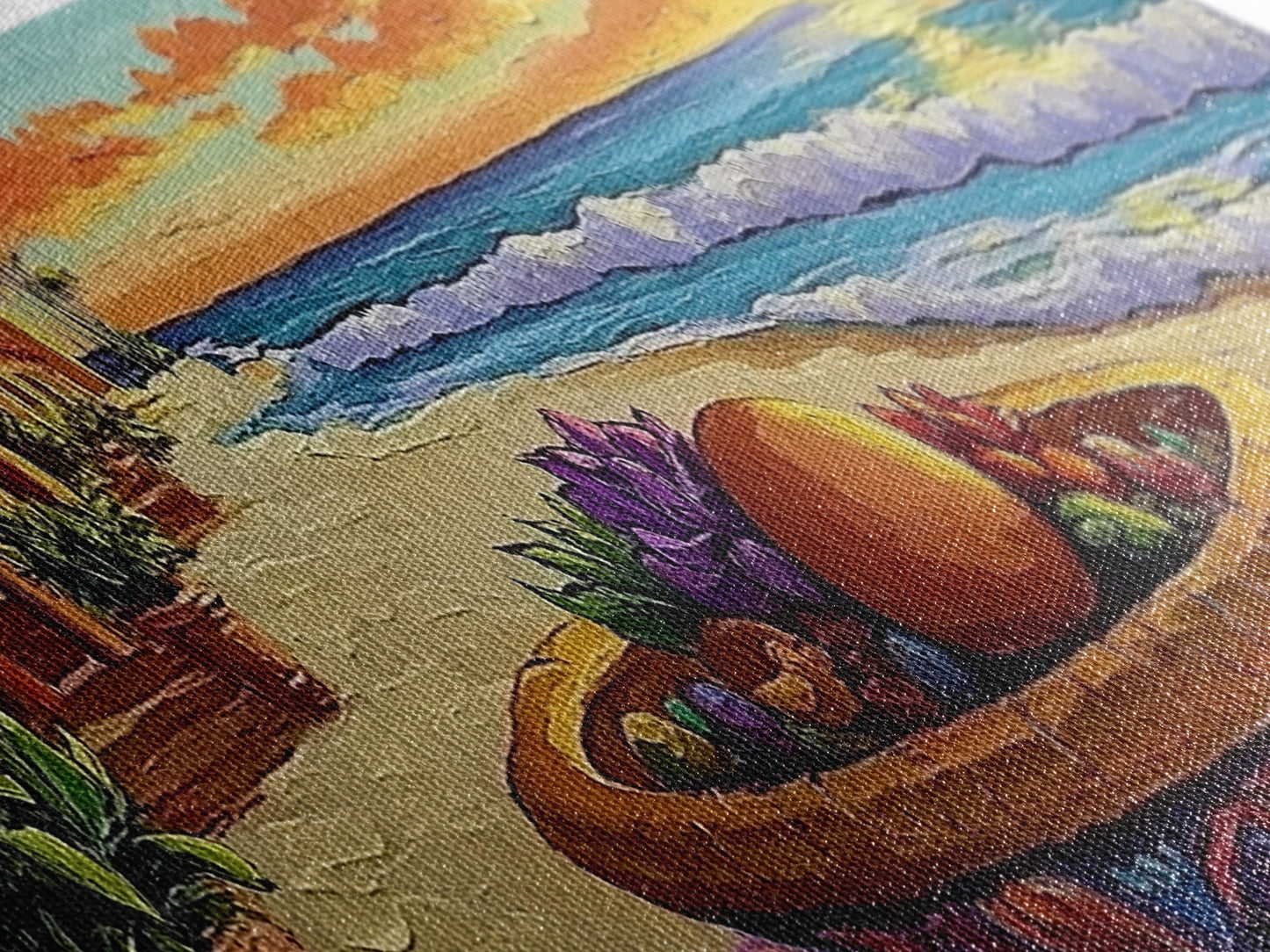 Sunset Beach, Ocean Fruit Bowl, Coastal Vibes, Framed Canvas Print, Tropical Kitchen Wall Art, Colorful Seaside Home Decor