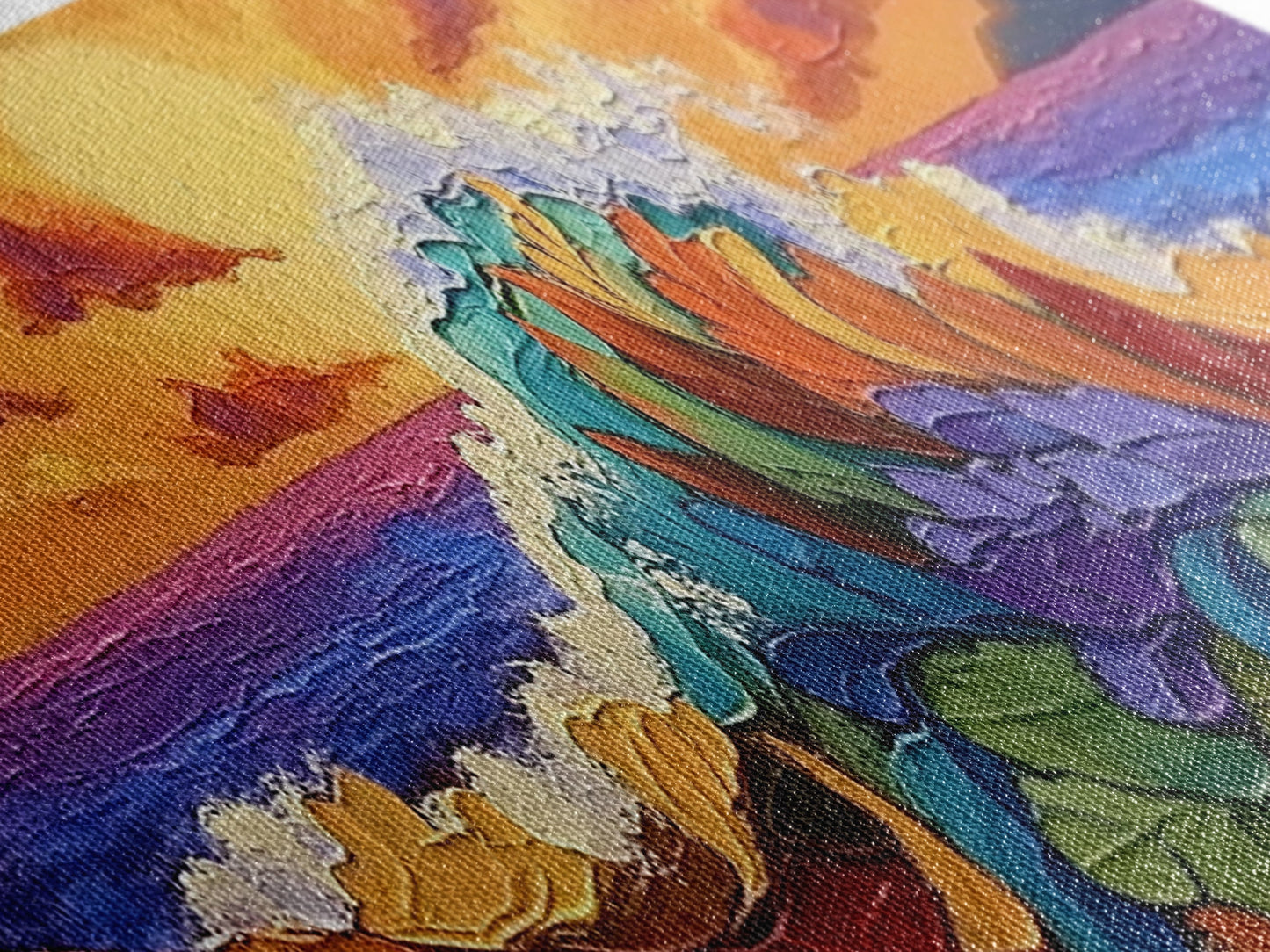 Floral Wave, Sunset Splash, Ocean Blooms, Whimsical Shore, Canvas Print, Bathroom Wall Art, Boho Coastal Decor, Vibrant Texture Art