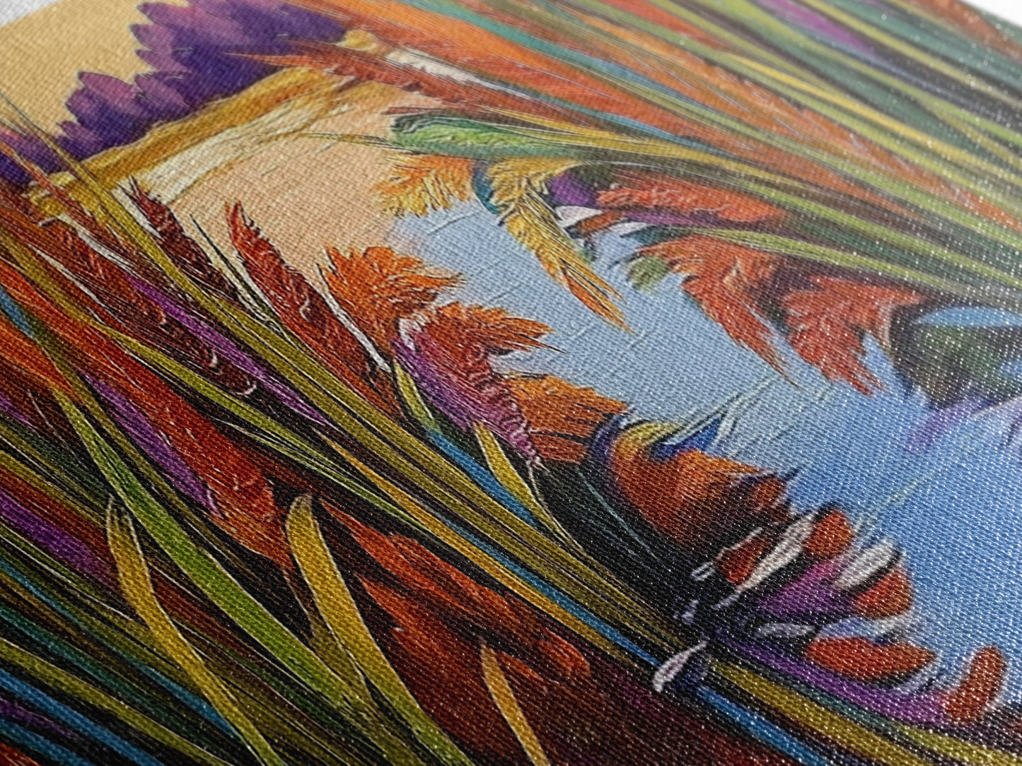 Sunset Reeds, Colorful Marsh, Reflected Peace, Framed Canvas Print, Autumn Wall Art, Living Room Decor, Vibrant Nature Landscape