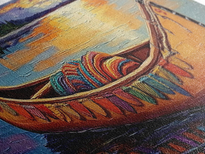 Sunset Canoe Reflection, Serene Lake Art, Cozy Lakeside Decor, Framed Canvas Print, Cabin Wall Art, Peaceful Nature Scene