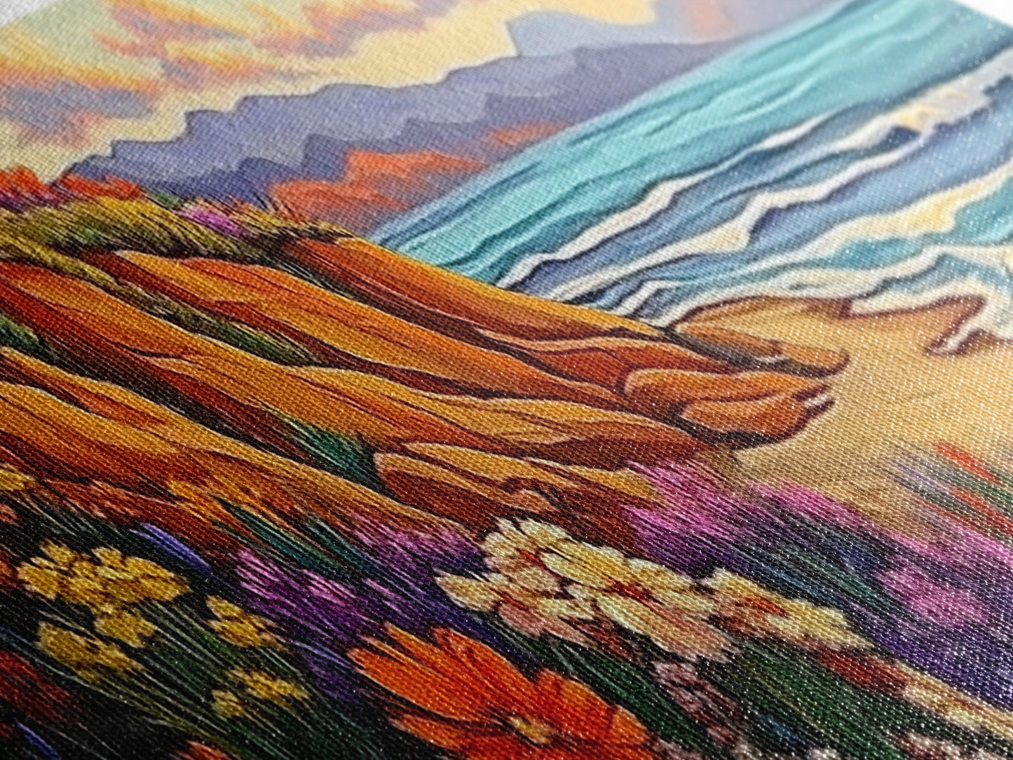 Cliffside Flowers, Ocean Waves, Sunset Coast, Canvas Print, Vibrant Coastal Wall Art, Bedroom or Bathroom Decor, Bohemian Beach Art