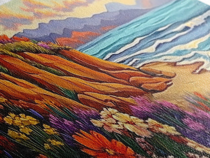 Cliffside Flowers, Ocean Waves, Sunset Coast, Canvas Print, Vibrant Coastal Wall Art, Bedroom or Bathroom Decor, Bohemian Beach Art