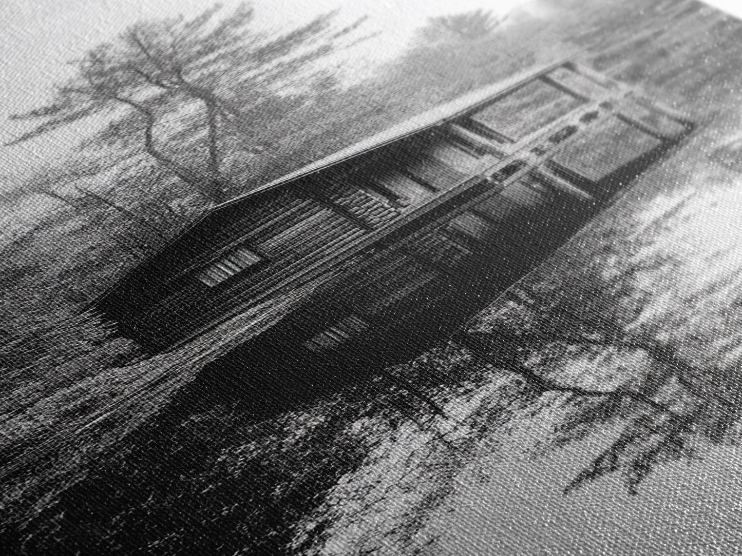 Spiegelung in der Hütte, stilles Wasser, Waldidylle, Naturerlebnis-Kunst, gerahmter Leinwanddruck, Dekoration fürs Seehaus, Herbstliche Hüttenszene, Gemütliche rustikale Wandkunst