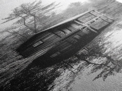 Spiegelung in der Hütte, stilles Wasser, Waldidylle, Naturerlebnis-Kunst, gerahmter Leinwanddruck, Dekoration fürs Seehaus, Herbstliche Hüttenszene, Gemütliche rustikale Wandkunst