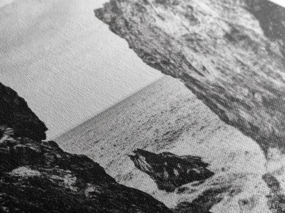 Rocky Coast View, Ocean Cliffs Art, Coastal Wilderness, Monochrome Seascape, Canvas Print, Bathroom Wall Art, Rustic Minimalist Style