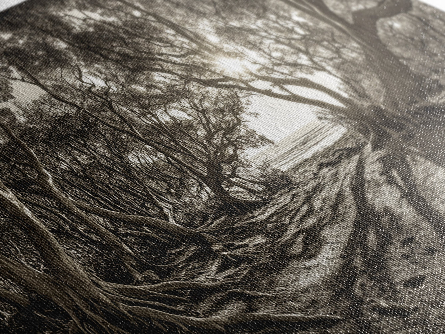 Verzauberter Wald – Licht, Baumschatten, Naturlandschaft, gerahmter Leinwanddruck, rustikale Wandkunst, Walddeko für den Eingangsbereich, Boho-Walddruck