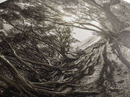 Verzauberter Wald – Licht, Baumschatten, Naturlandschaft, gerahmter Leinwanddruck, rustikale Wandkunst, Walddeko für den Eingangsbereich, Boho-Walddruck