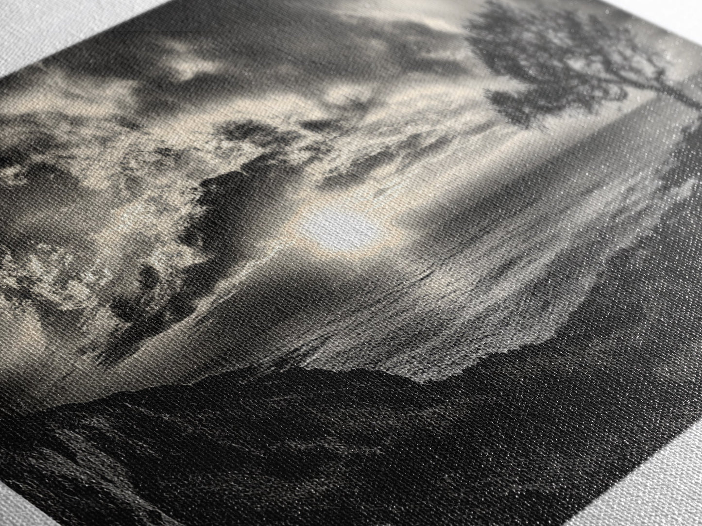 Dramatischer Sonnenuntergang über dem Meer, Küstenbaum, monochrome Landschaft, Leinwanddruck, Wandbild fürs Wohnzimmer, surreale Naturansicht, Meeresblick-Druck