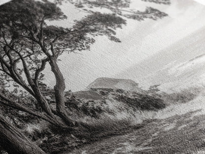 Ocean View, Coastal Trees, Cliffside Vista, Light and Shadows, Framed Canvas Print, landscape wall art, modern beach decor, boho living room