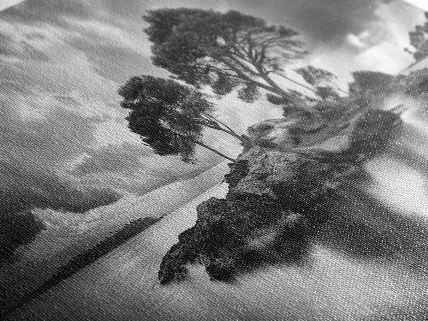 Island Pines, Rocky Shoreline, Peaceful Water, Stormy Sky, Framed Canvas Print, coastal art, rustic nature wall art, neutral living room decor