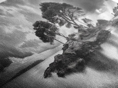 Island Pines, Rocky Shoreline, Peaceful Water, Stormy Sky, Framed Canvas Print, coastal art, rustic nature wall art, neutral living room decor