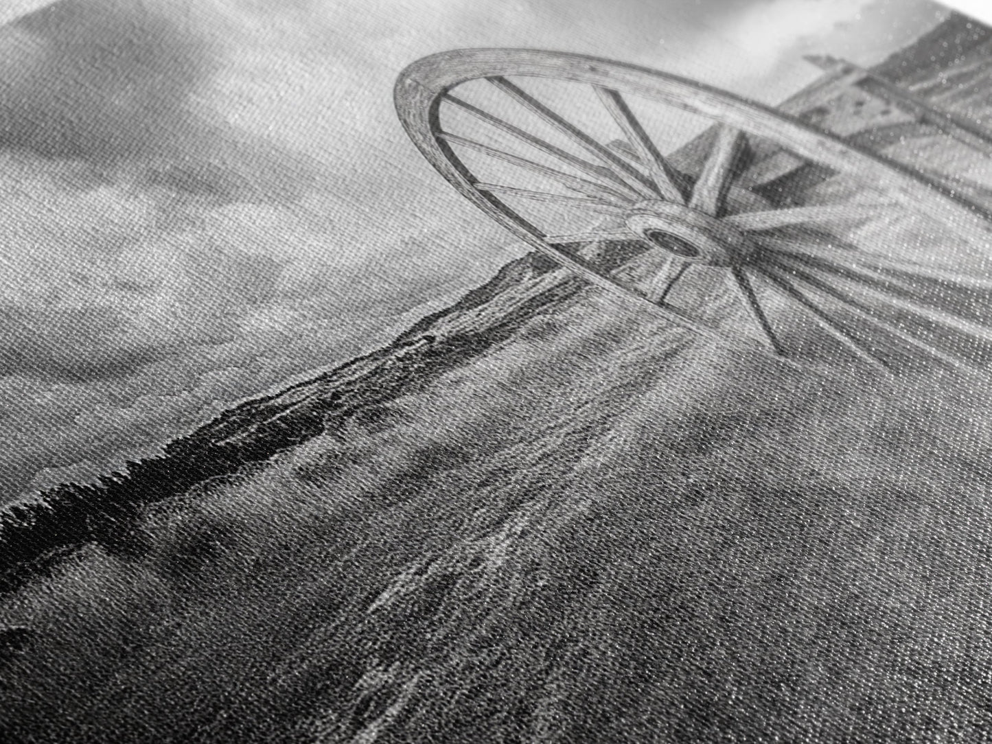 Prairie Wagon Wheel, Western Landscape, Rustic Field, Canvas Print, Country Farmhouse Wall Art, Fall Rustic Decor, Black And White Art