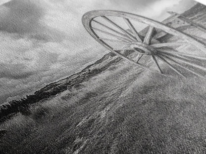 Prairie Wagon Wheel, Western Landscape, Rustic Field, Canvas Print, Country Farmhouse Wall Art, Fall Rustic Decor, Black And White Art