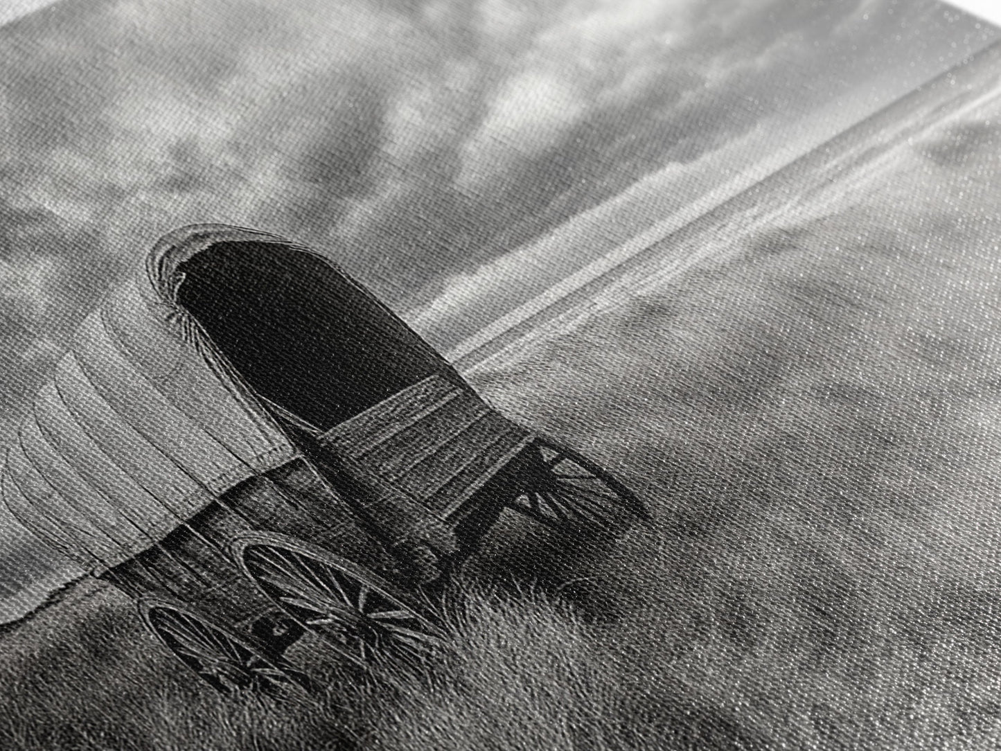 Prairie Wagon, Coastal Grass, Covered Cart, Western Landscape, Framed Canvas Print, Rustic Fall Art, Living Room Wall Decor