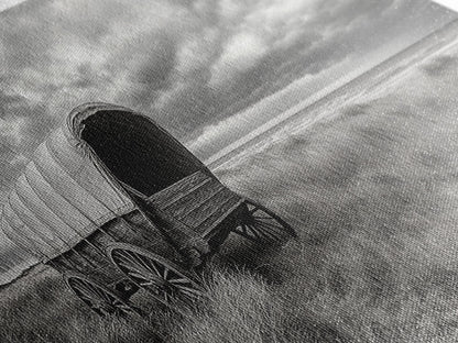 Prairie Wagon, Coastal Grass, Covered Cart, Western Landscape, Framed Canvas Print, Rustic Fall Art, Living Room Wall Decor