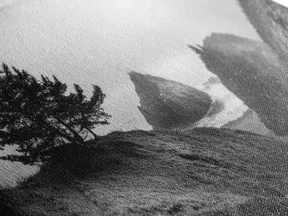 Coastal Cliff Scene, Evergreen Ocean Landscape, Pacific Northwest View, Framed Canvas Print, Nature Inspired Wall Art, Minimalist Decor