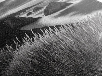 Coastal Cliffs, Ocean Rocks, Tall Grass, Canvas Print, Windswept Landscape Art, Beach House Wall Decor, Monochrome Nature Scene