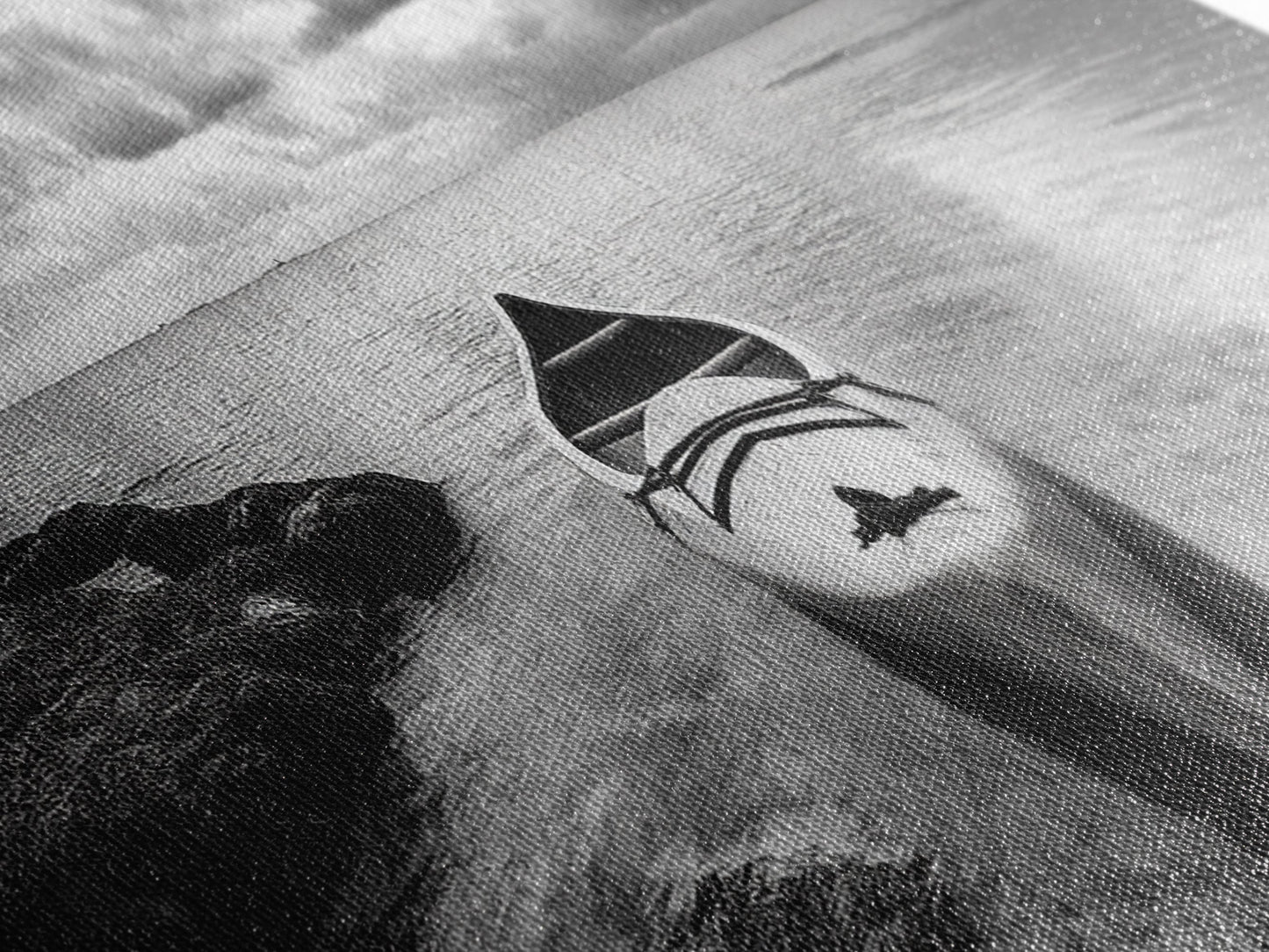 Canoe at Shore, Calm Waters, Peaceful Escape, Framed Canvas Print, Adventure art, Lakehouse decor, Hallway wall piece, Monochrome nature