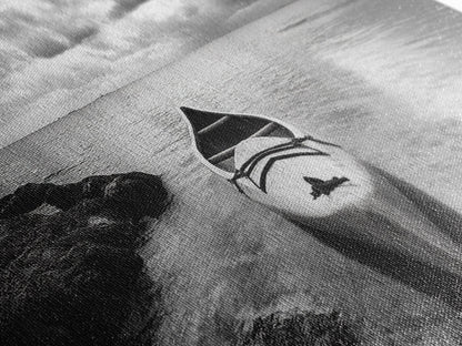 Canoe at Shore, Calm Waters, Peaceful Escape, Framed Canvas Print, Adventure art, Lakehouse decor, Hallway wall piece, Monochrome nature