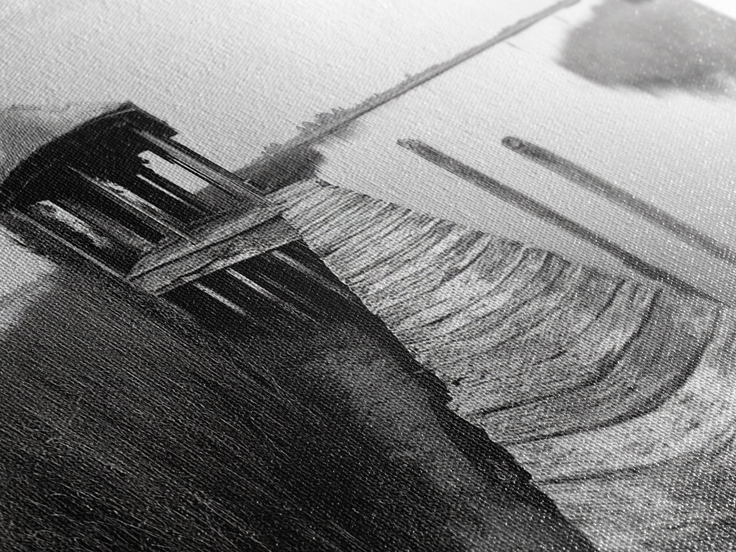 Abandoned Pier, Lakeside Shack, Black and White Marsh, Framed Canvas Print, Rustic Entryway Art, Minimalist Coastal Cabin Decor