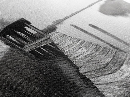 Abandoned Pier, Lakeside Shack, Black and White Marsh, Framed Canvas Print, Rustic Entryway Art, Minimalist Coastal Cabin Decor