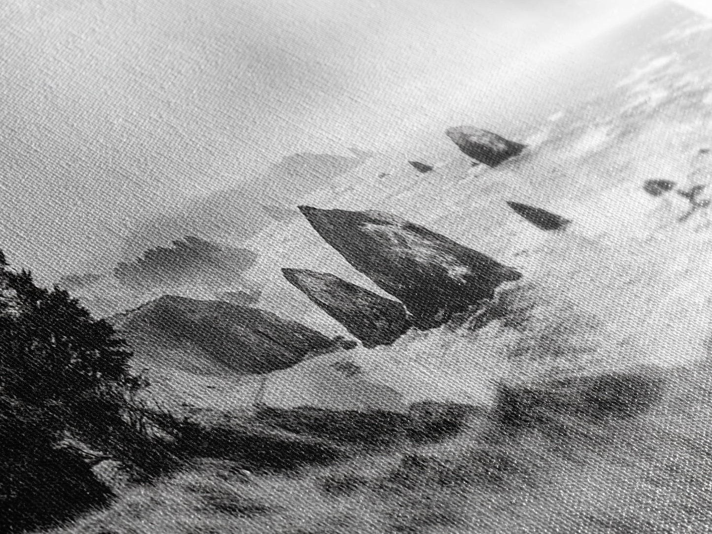 Rocky Coastline Mist, Ocean Cliffs, Foggy Seascape, Moody Decor, Canvas Print, Coastal Wall Art, Nature Photography, Living Room Decor