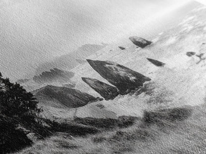 Rocky Coastline Mist, Ocean Cliffs, Foggy Seascape, Moody Decor, Canvas Print, Coastal Wall Art, Nature Photography, Living Room Decor