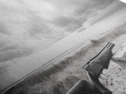 Coastal Rifle Scene, Outdoorsman Decor, Field and Sky Black and White Framed Canvas Print, Autumn Cabin or Lodge Wall Art