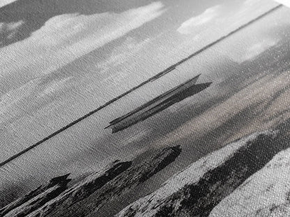 Monochrome Boat Lake, Peaceful Dockside, Still Waters, Minimal Calm, Framed Canvas Print, Bedroom Wall Art, Black White Photography