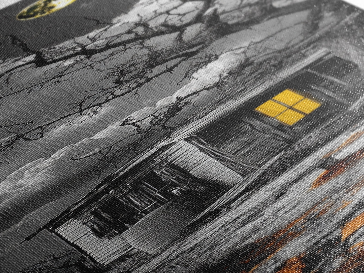 Haunted Cabin, Yellow Light, Full Moon, Framed Canvas Print, Halloween Wall Art, Gothic Decor, Spooky Home Accent, Fall Vibes