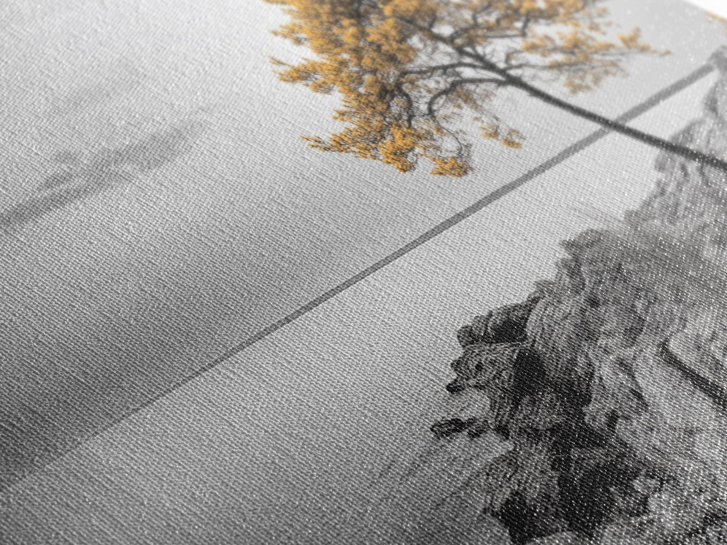 Yellow Tree, Rocky Coast, Minimal Landscape, Ocean Breeze – Canvas Print, Zen Wall Art, Nature Minimalist Decor, Scandinavian Interior