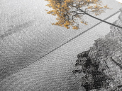 Yellow Tree, Rocky Coast, Minimal Landscape, Ocean Breeze – Canvas Print, Zen Wall Art, Nature Minimalist Decor, Scandinavian Interior