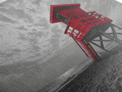 Red Lifeguard Tower, Beachscape, Dramatic Sky, Coastal Life, Framed Canvas Print, Modern Beach Wall Art, Bold Bathroom Decor