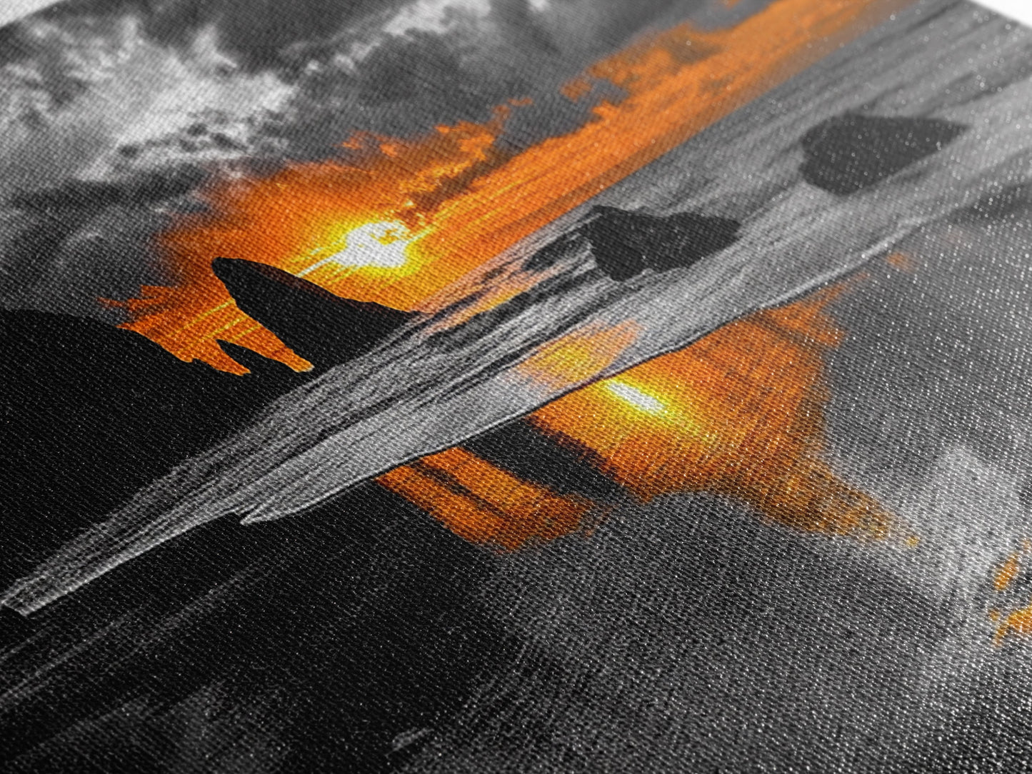 Sunset Beach, Fiery Sky, Ocean Glow, Moody Seascape, Framed Canvas Print coastal living room wall art, dramatic sunset photography